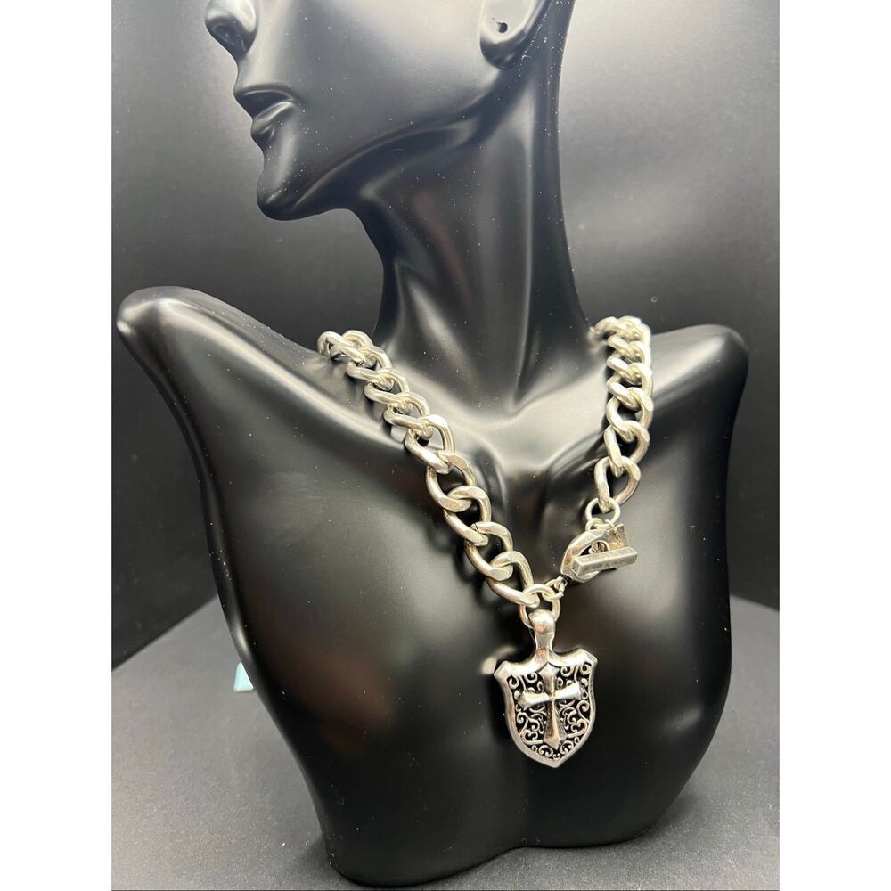 NWT Stigma Silver Tone Chunky Chain Necklace w Cross and Filigree Pendant